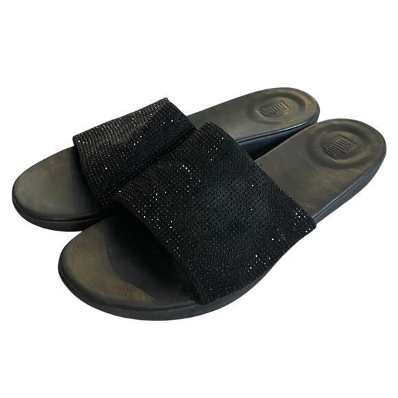 Fitflop Ginny Glitz SZ 10 Pool Slide Sandals Black Shimmer EUC - Picture 1 of 8